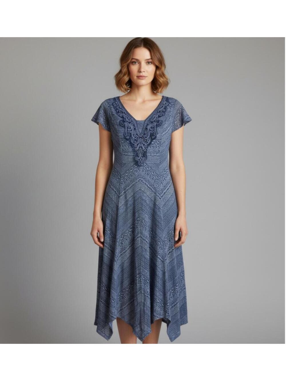 Reba Blue Boho Midi Dress Size S Lace Embroidered Handkerchief Hem Fairycore